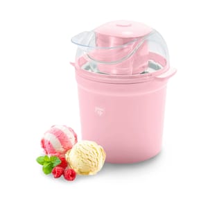 Pink ice cream maker and two scoops of ice cream with raspberries and a mint leaf.