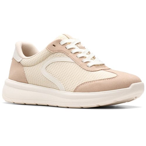 Beige and cream casual sneaker with a mesh and suede design, lace-up closure, and a cushioned sole for comfort.