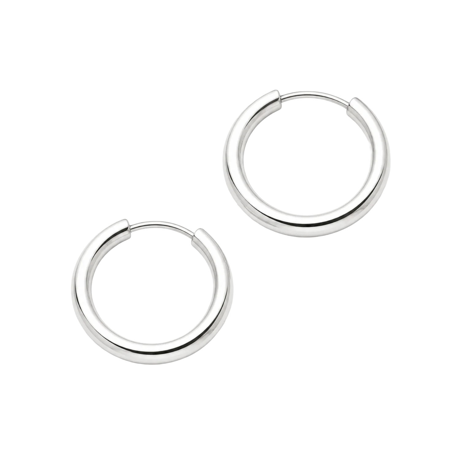 A pair of silver-tone hoop earrings with a smooth, polished finish.