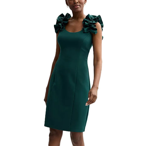 Emerald green sleeveless dress featuring ruffled shoulders and a scoop neckline, fitted silhouette knee-length design.