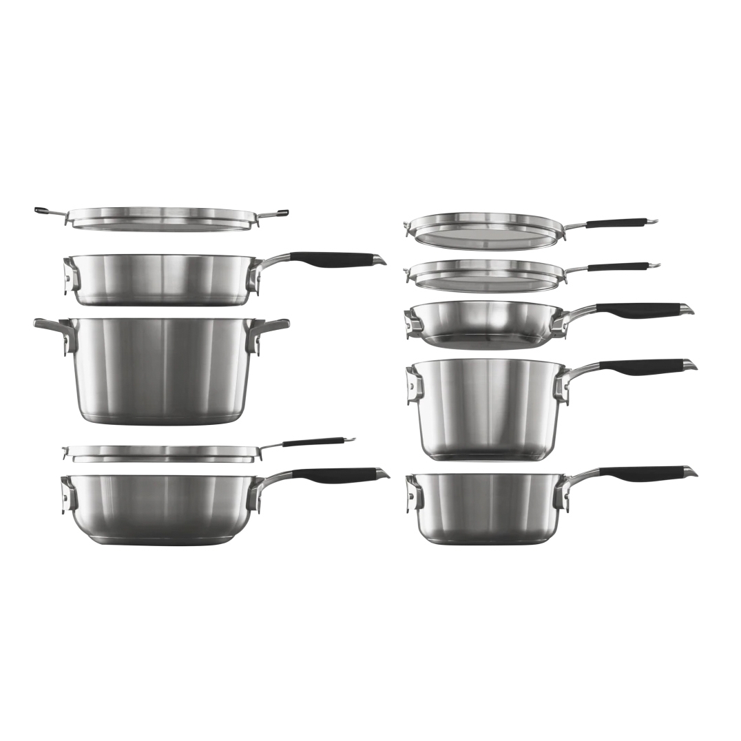10-piece Calphalon Nesting Cookware Set includes stackable stainless steel pots and pans with black handles, each with matching lids, designed for compact storage.