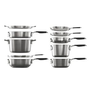10-piece Calphalon Nesting Cookware Set includes stackable stainless steel pots and pans with black handles, each with matching lids, designed for compact storage.