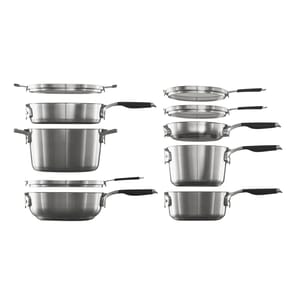10-piece Calphalon Nesting Cookware Set includes stackable stainless steel pots and pans with black handles, each with matching lids, designed for compact storage.