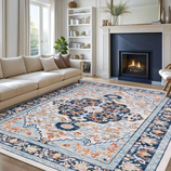 A living room features a beige sofa and a decorative rug with intricate blue and orange patterns. The room includes a fireplace, a bookshelf with various items, and is softly lit by natural light from large windows.