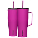 Two magenta Corkcicle tumblers with straws, one featuring a handle.