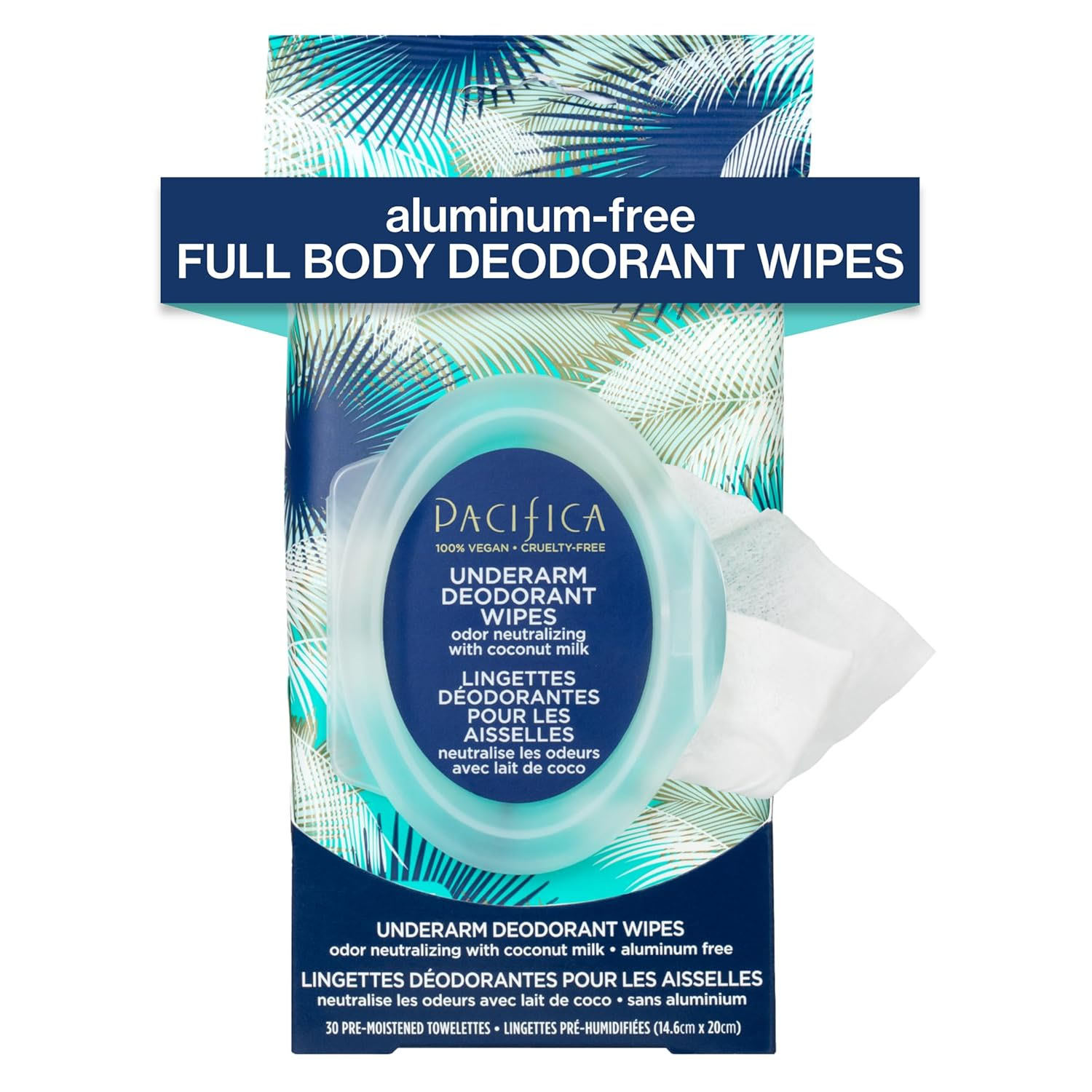 Aluminum-free, full-body deodorant wipes by Pacifica, scented with coconut milk; 100% vegan and cruelty-free, includes 30 pre-moistened towelettes.