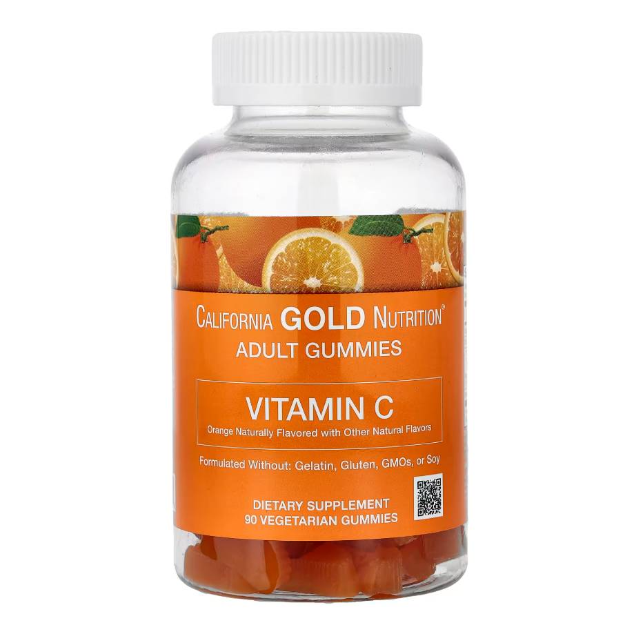 California Gold Nutrition Adult Gummies, Vitamin C, orange naturally flavored, formulated without gelatin, gluten, GMOs, or soy. Contains 90 vegetarian gummies.