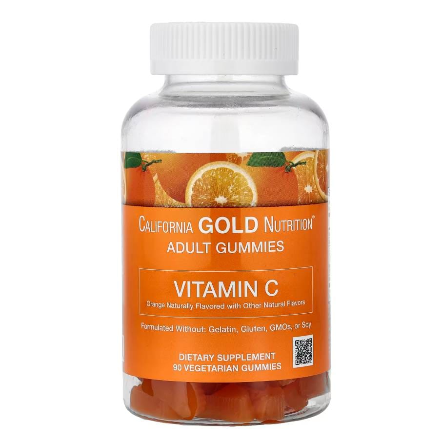 California Gold Nutrition Adult Gummies, Vitamin C, orange naturally flavored, formulated without gelatin, gluten, GMOs, or soy. Contains 90 vegetarian gummies.