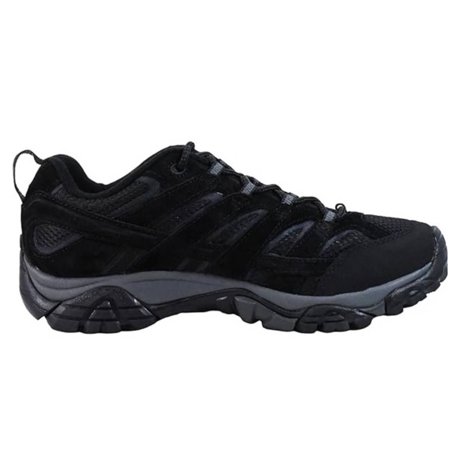 Black trail running shoe with robust sole and lace-up front.