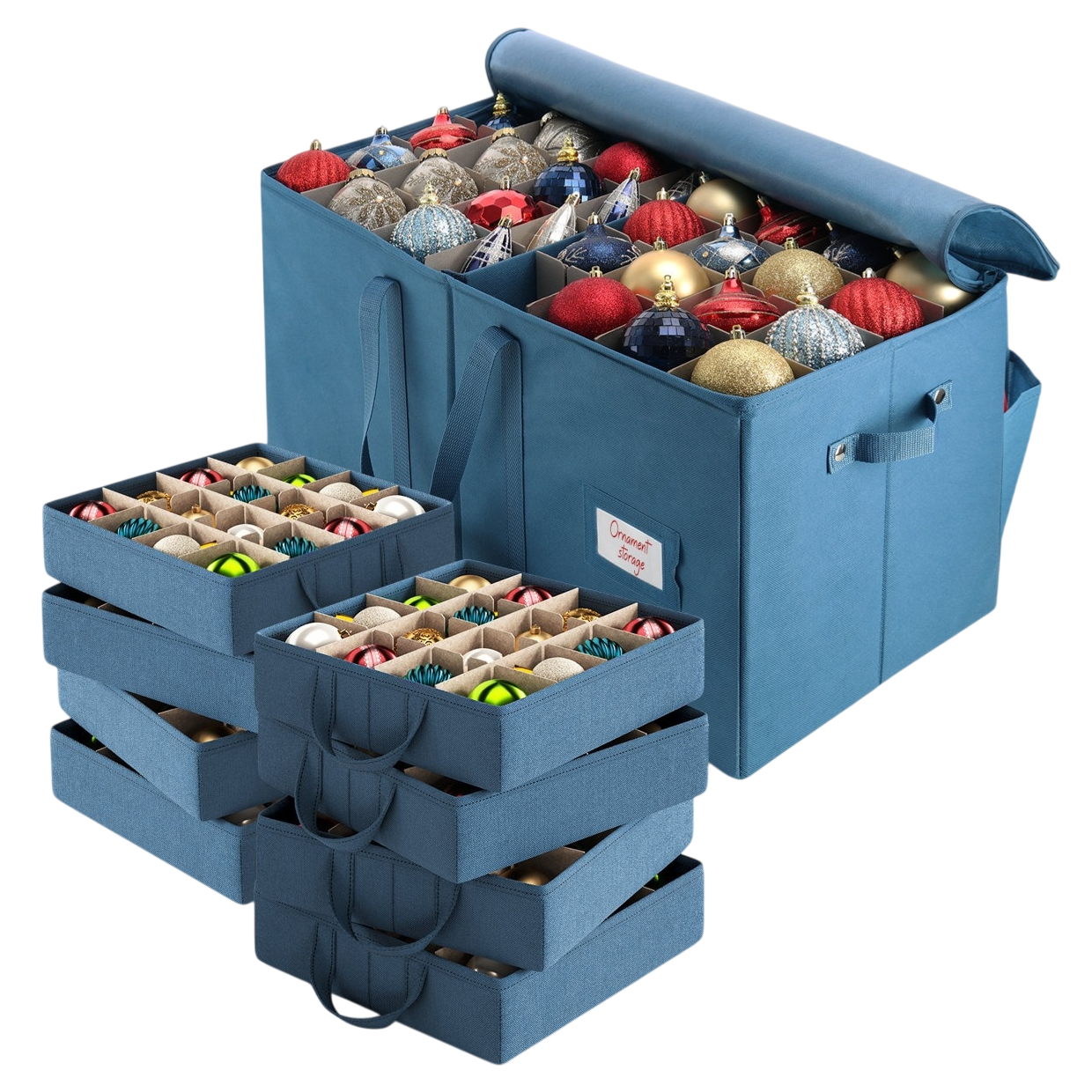Blue storage containers with multiple compartments hold various colorful Christmas ornaments, featuring a roll-top closure and side handles for easy carrying.