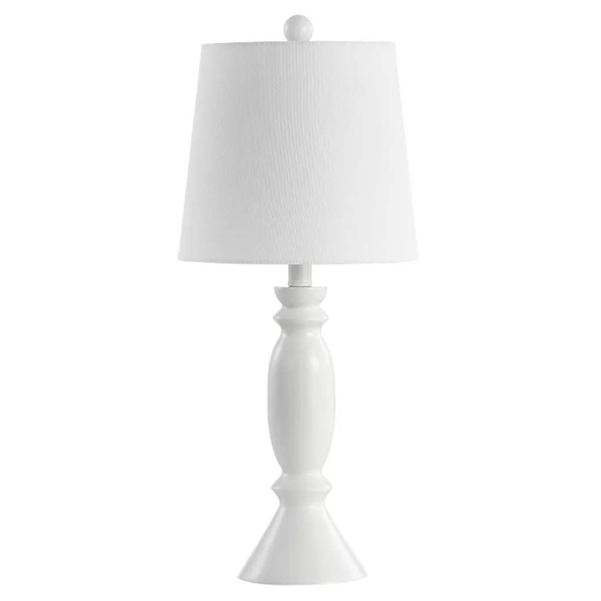 A white table lamp with a curvy, sculpted base and a round, tapered lampshade.