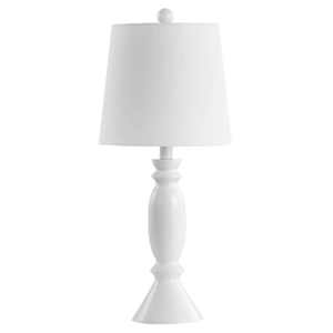A white table lamp with a curvy, sculpted base and a round, tapered lampshade.