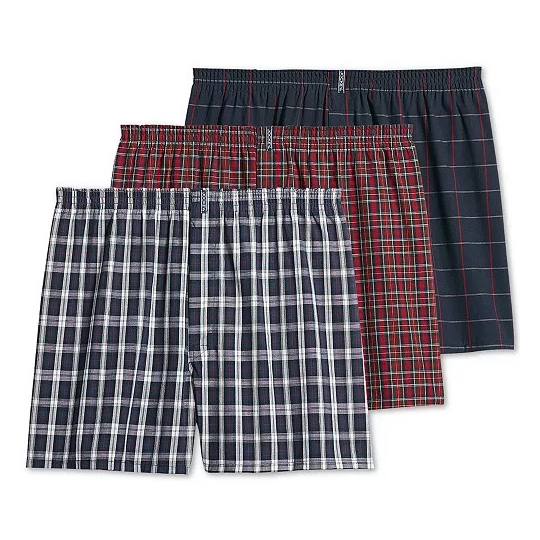 Three pairs of men's plaid boxers in different patterns and colors: a black and white check, a red and black check, and a dark blue with red lines.
