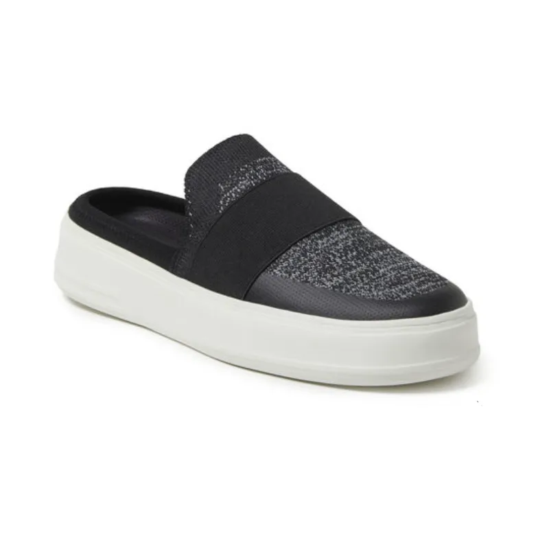Black slip-on sneaker with white sole and glittery detail.