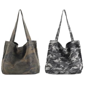 Two camo-pattern tote bags are shown: one in green and brown tones, and the other in black, white, and gray tones. Both have long handles.