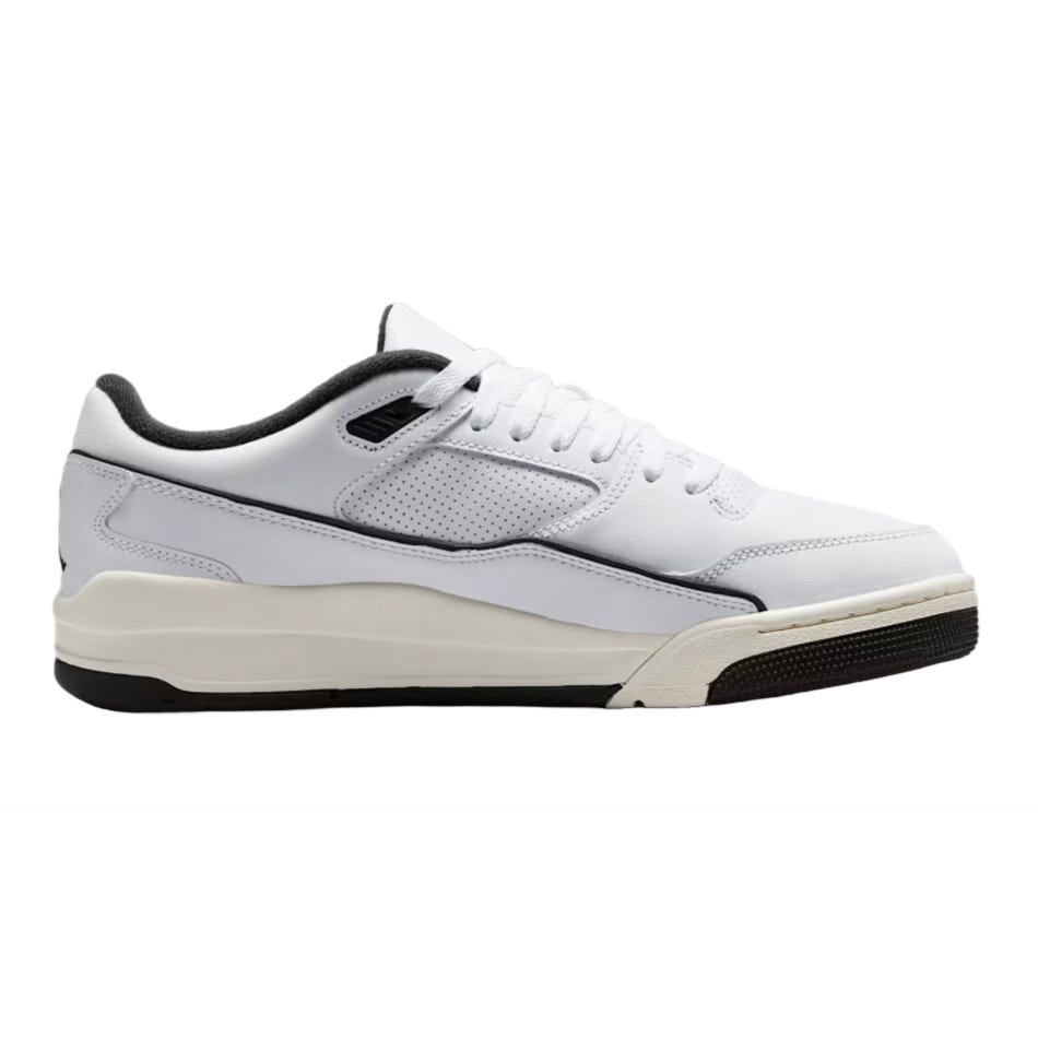 The Jordan Flight Court Shoes feature a low-top design with a white leather upper, perforated detailing, and black accents. They have a cushioned midsole and a black and white rubber outsole for traction.