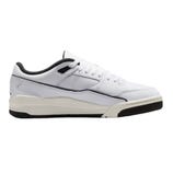 The Jordan Flight Court Shoes feature a low-top design with a white leather upper, perforated detailing, and black accents. They have a cushioned midsole and a black and white rubber outsole for traction.