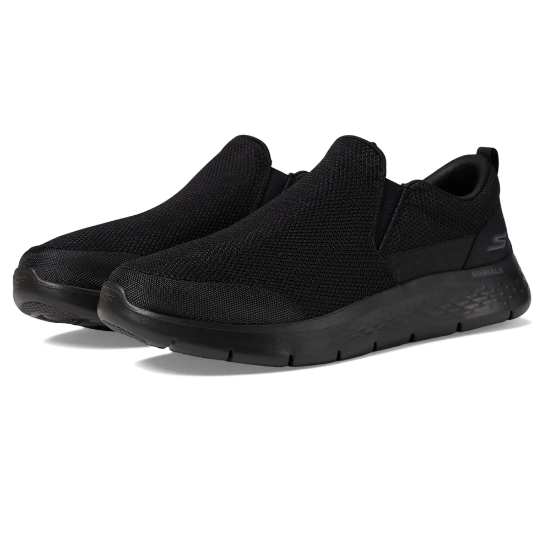A pair of black Skechers slip-on sneakers with a mesh fabric upper and a flexible traction outsole.