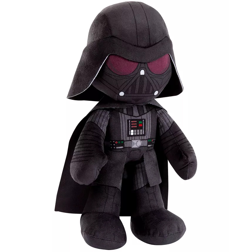 A plush Darth Vader toy from Star Wars featuring detailed stitching of his iconic helmet and suit, complete with a black cape.