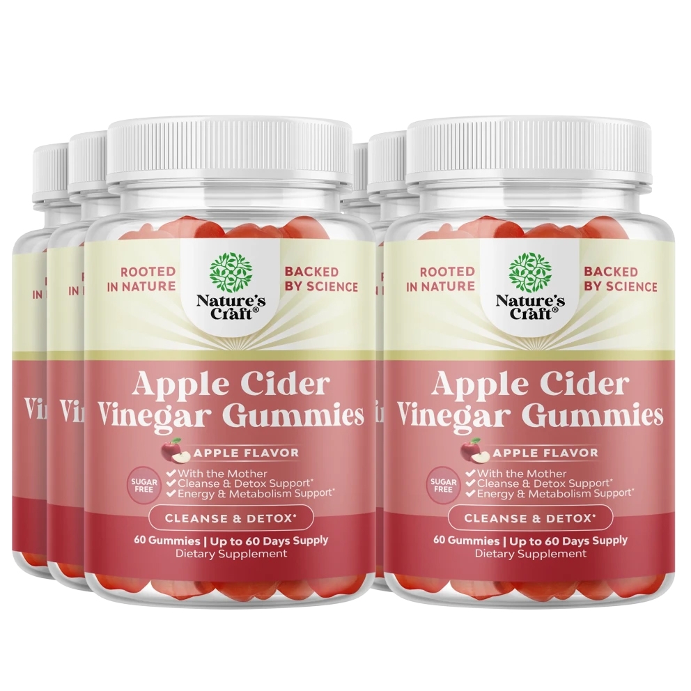 Nature's Craft Apple Cider Vinegar Gummies, 360 count, offer apple flavor and support for cleansing, detox, energy, and metabolism. The gummies are sugar-free and come in a dietary supplement form, with 60 servings per bottle.