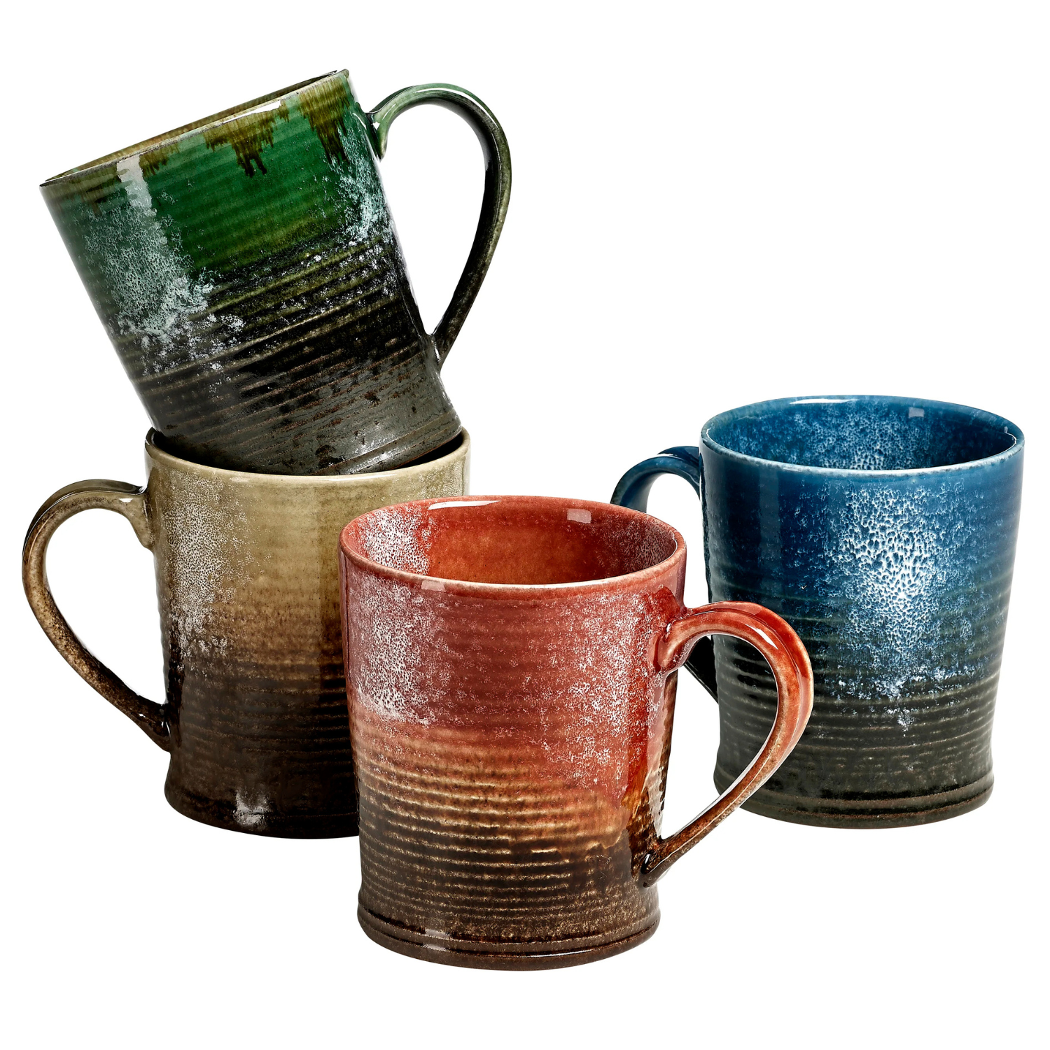 Four ceramic mugs with handles in various earth tones and a glazed finish; colors include green, brown, red-orange, and blue. Each mug has a unique texture and color gradient.