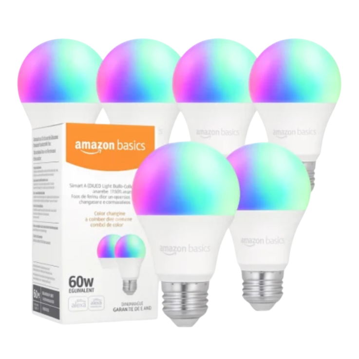 Amazon Basics color-changing smart LED light bulbs with 60W equivalent, compatible with Alexa.