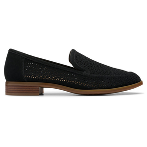 Black perforated loafer with a low wooden heel and slip-on style, featuring a textured design and a brown sole.
