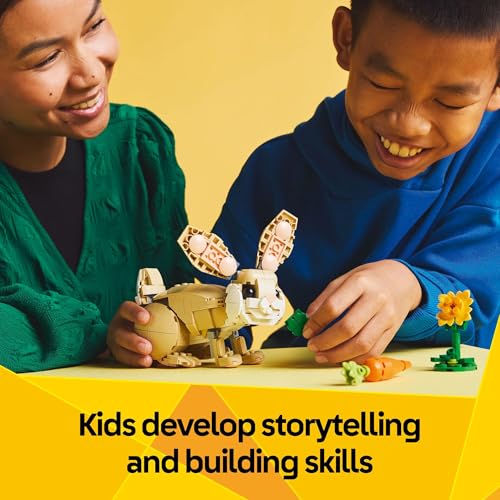 Children are playing with a LEGO set that allows them to build a rabbit and accompanying garden elements, promoting storytelling and building skills.