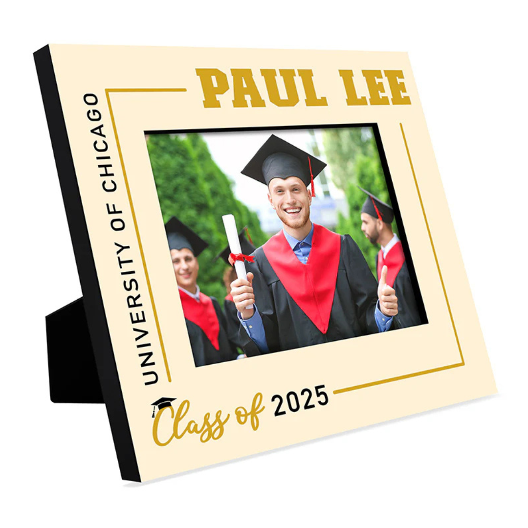 A custom graduation photo frame for University of Chicago Class of 2025, featuring the name \“Paul Lee\“ in gold at the top and a photo area showcasing a graduate in a cap and gown.