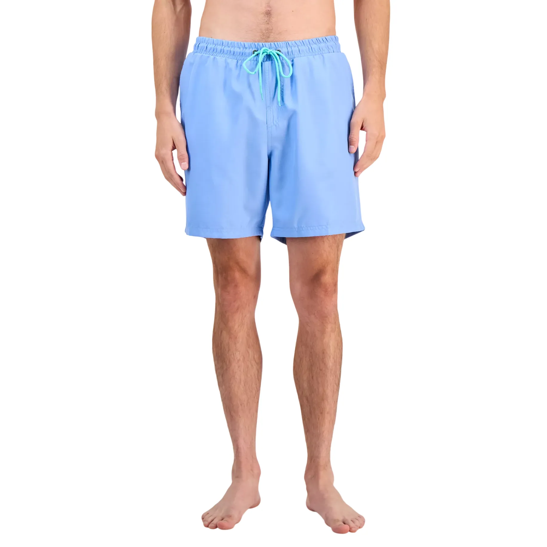 Light blue men's swim trunks with an elastic waistband and a turquoise drawstring.