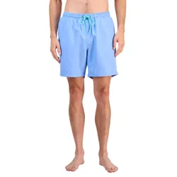 Light blue men's swim trunks with an elastic waistband and a turquoise drawstring.