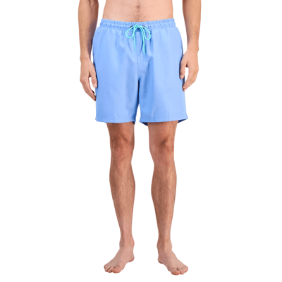 Light blue men's swim trunks with an elastic waistband and a turquoise drawstring.