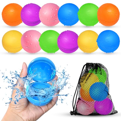 A set of colorful reusable water balloons in orange, yellow, pink, green, purple, and blue, with one being squeezed in a hand to show water splash, coming with a black mesh carrying bag.