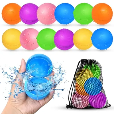 A set of colorful reusable water balloons in orange, yellow, pink, green, purple, and blue, with one being squeezed in a hand to show water splash, coming with a black mesh carrying bag.