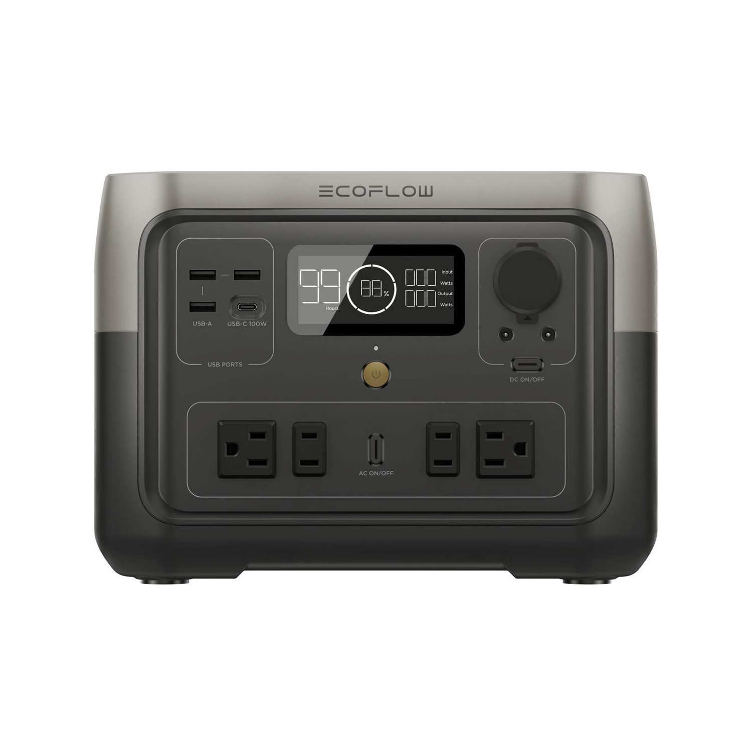 EcoFlow River 2 Max Power Station is a portable power solution with multiple AC outlets, USB-A, USB-C ports, and a display for input/output monitoring and battery life.