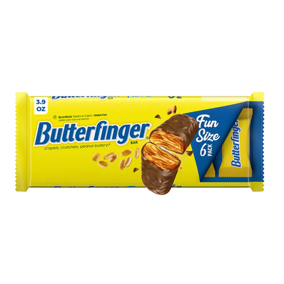 Butterfinger fun size 6 pack with a 3.9 oz weight, featuring crispy, crunchy, peanut-buttery bars. Packaging highlights gluten-free and no artificial flavors or colors.