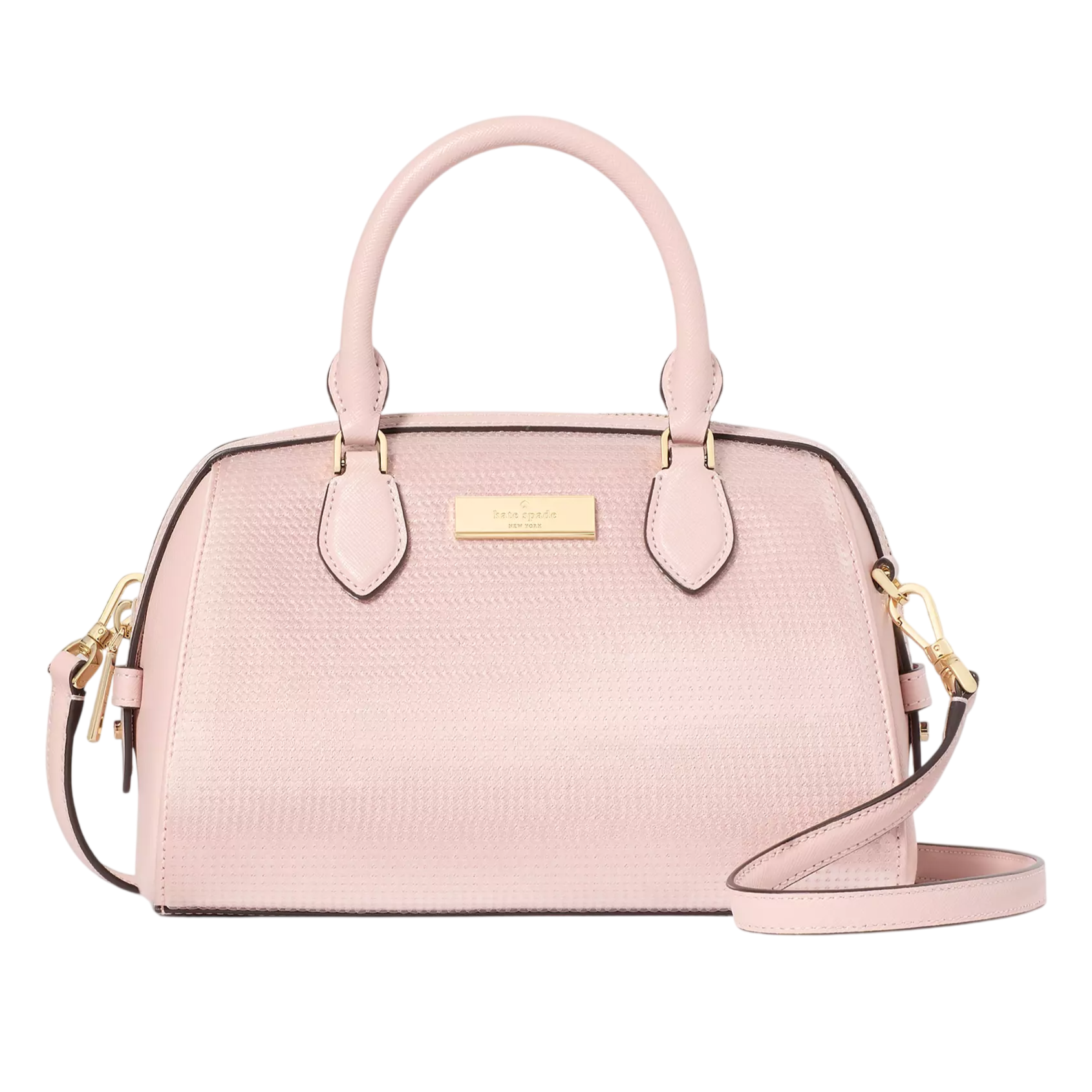 A pink dome-shaped handbag with a textured finish, dual top handles, and a detachable shoulder strap, featuring gold-tone hardware and a logo plaque on the front.