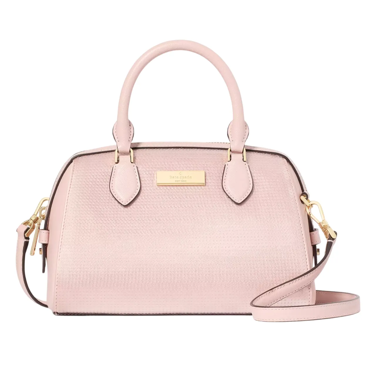 A pink dome-shaped handbag with a textured finish, dual top handles, and a detachable shoulder strap, featuring gold-tone hardware and a logo plaque on the front.