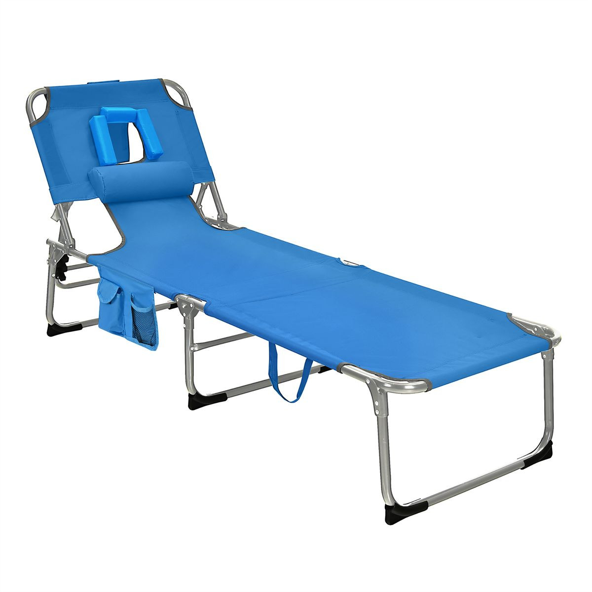 A blue adjustable reclining lounge chair with metal frame, head pillow, and face hole for sunbathing. It features a side storage pocket and supports a compact, portable design.