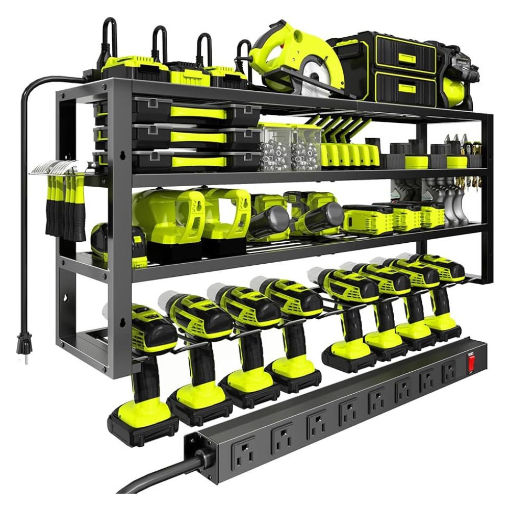 A tool storage rack with multiple shelves holds power tools and accessories, including drills and flashlights, with a built-in power strip for charging.