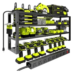A tool storage rack with multiple shelves holds power tools and accessories, including drills and flashlights, with a built-in power strip for charging.