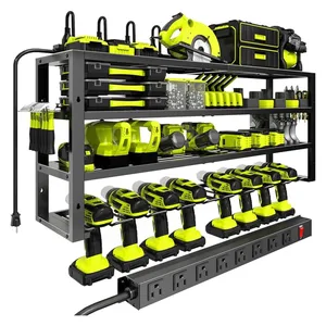 A tool storage rack with multiple shelves holds power tools and accessories, including drills and flashlights, with a built-in power strip for charging.