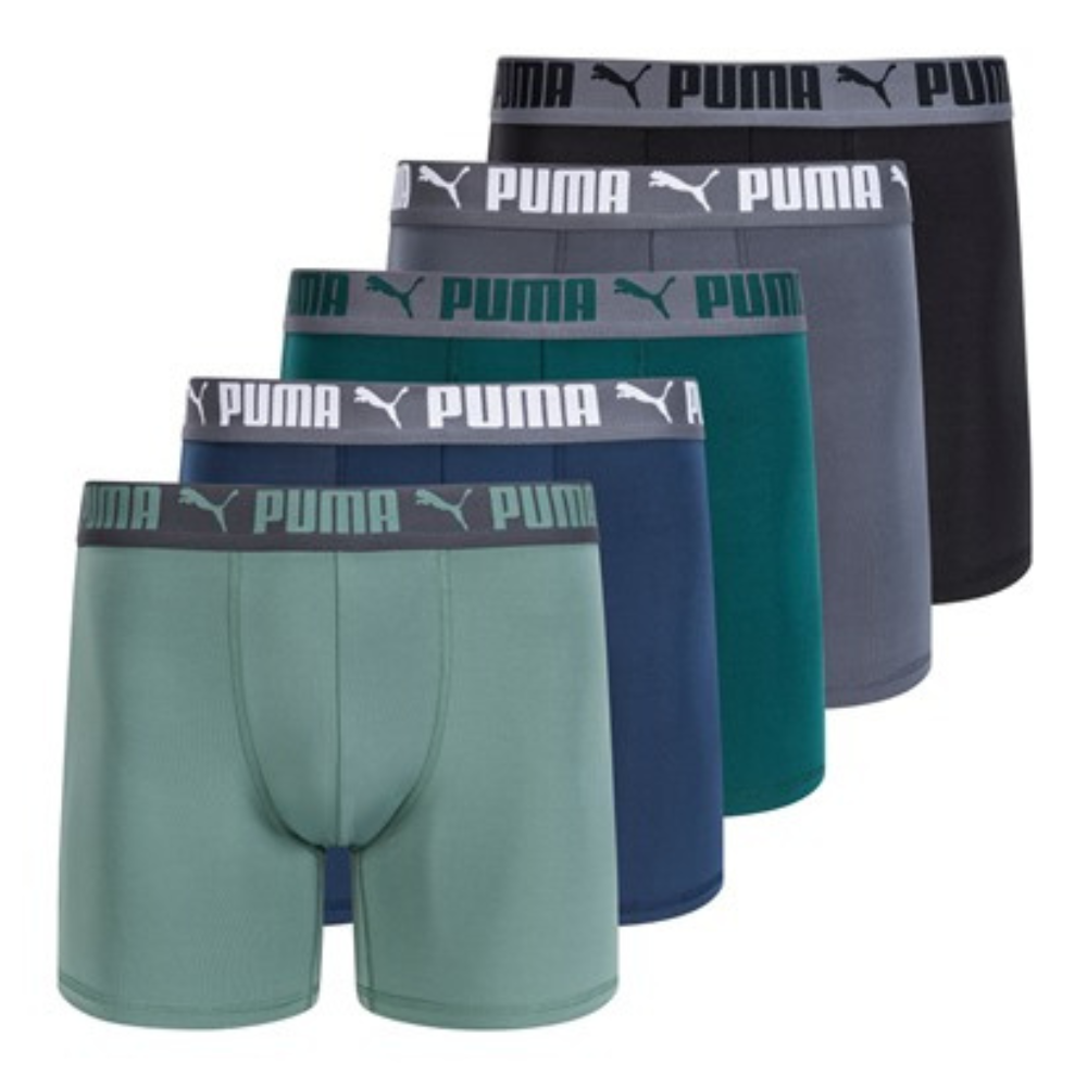 A set of five Puma boxer briefs in various colors, featuring branded waistbands with the Puma logo and name.