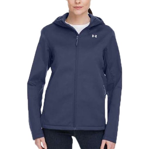 A navy blue zip-up hoodie with a small white logo on the left chest. The jacket has long sleeves and is designed for women's wear.