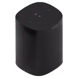 A black Sonos smart speaker, featuring a minimalist design with touch controls on the top surface.