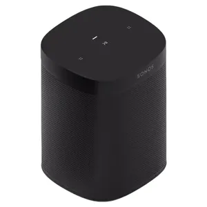 A black Sonos smart speaker, featuring a minimalist design with touch controls on the top surface.