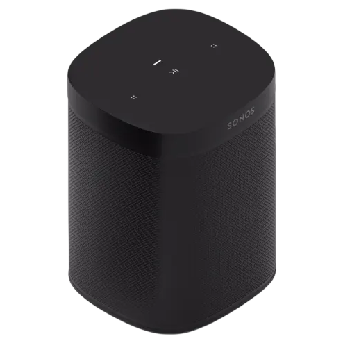 A black Sonos smart speaker, featuring a minimalist design with touch controls on the top surface.