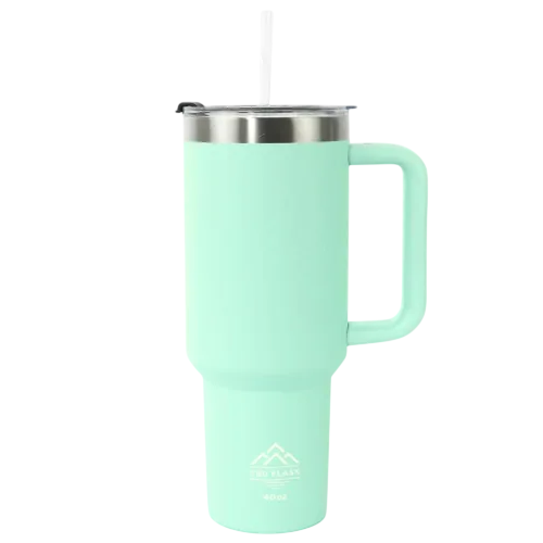 A light mint-green insulated tumbler with a handle, stainless steel rim, and a white straw, featuring a mountain logo and labeled as 40 oz.