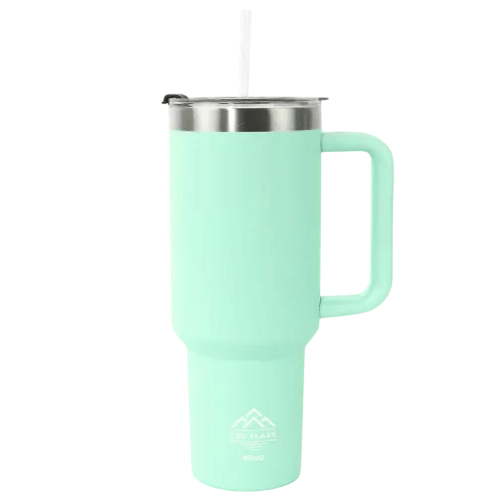 A light mint-green insulated tumbler with a handle, stainless steel rim, and a white straw, featuring a mountain logo and labeled as 40 oz.