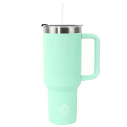 A light mint-green insulated tumbler with a handle, stainless steel rim, and a white straw, featuring a mountain logo and labeled as 40 oz.